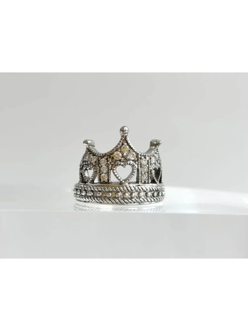 Crown Shaped Milgrain CZ Stone Beaded Sterling Silver 925 Vintage Ring - sz 6